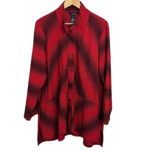 Ali Miles Striped Button Up Tunic Blouse Red Black size L Holiday Party Career